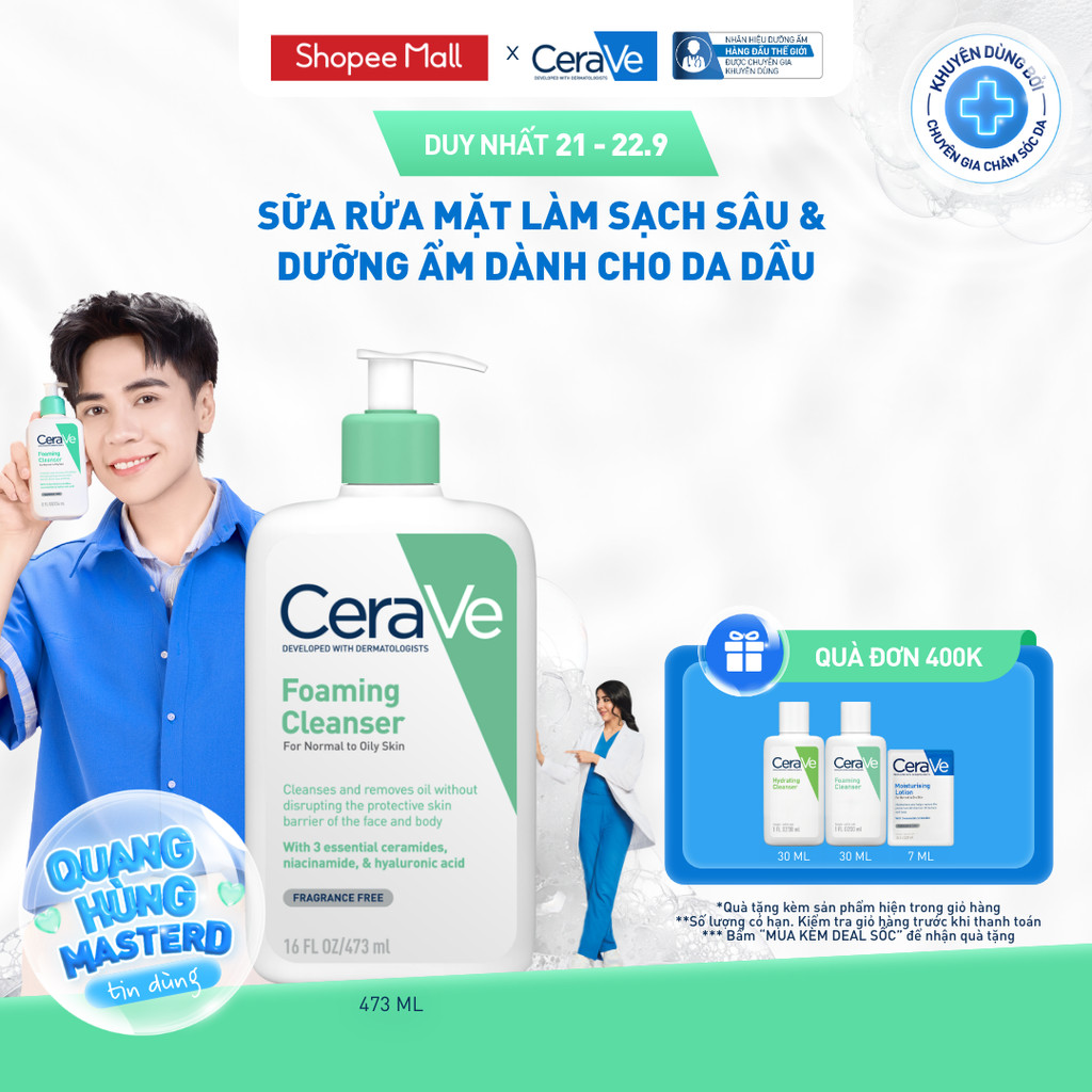 Sữa rửa mặt foaming giúp làm sạch sâu và dưỡng ẩm dịu nhẹ dành cho da dầu - CeraVe Foaming Facial Cleanser 473ML