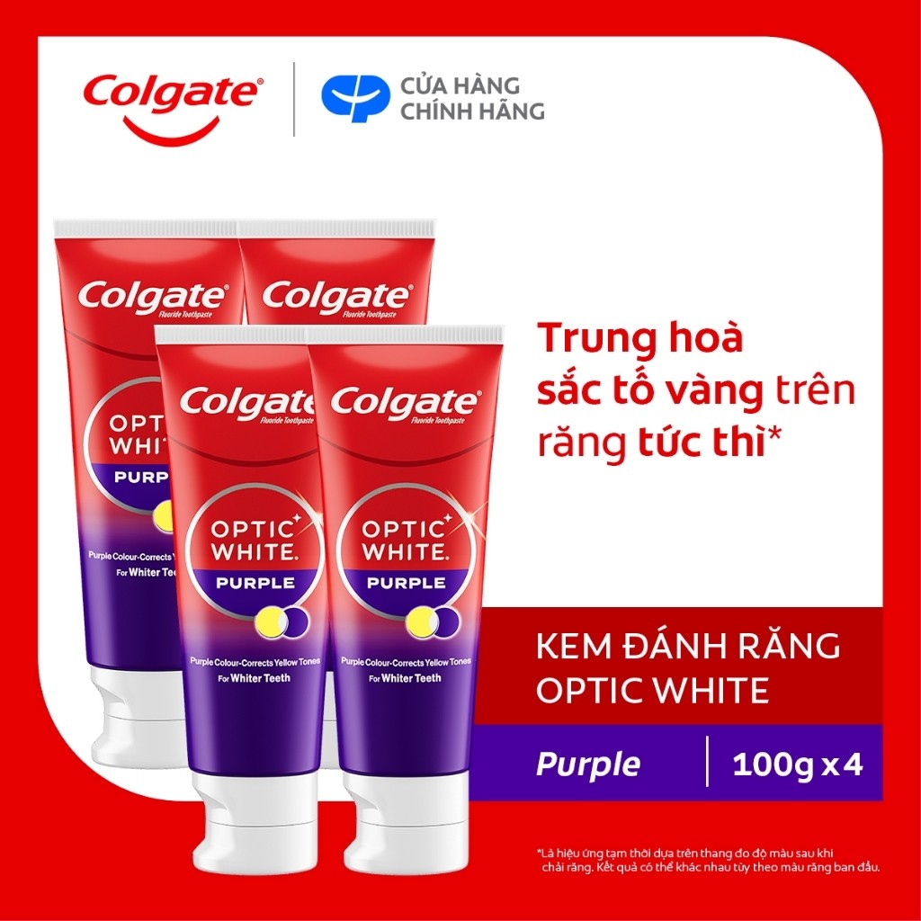 Bộ 4 Kem Đánh Răng Colgate trắng răng Optic White Purple 100g công nghệ sắc tím, trung hòa ố vàng tức thì