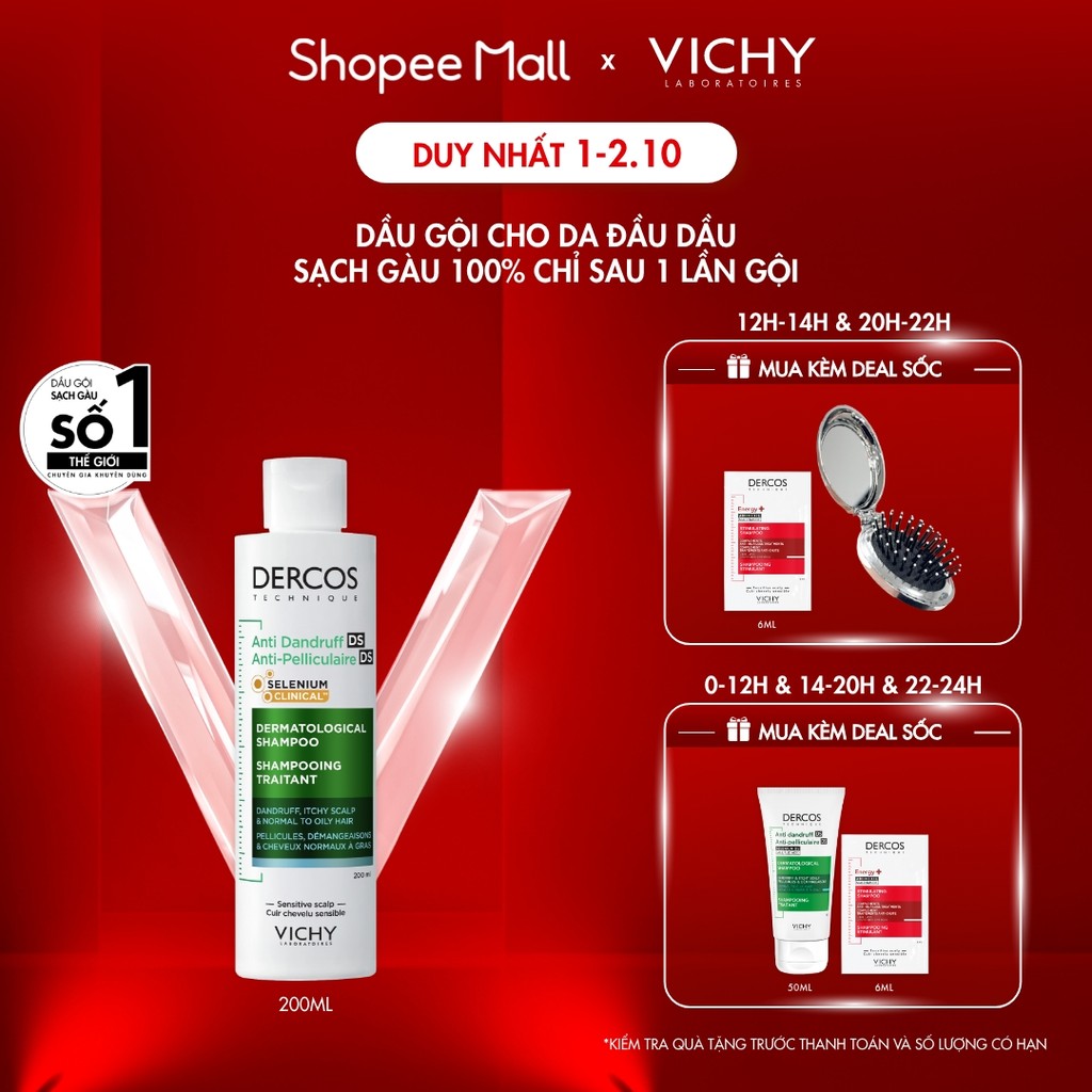 Dầu gội sạch gàu Dercos VICHY 100% chỉ sau 1 lần gội dành cho da dầu & ngứa, SỐ 1 Việt Nam chuyên gia khuyên dùng 200ml