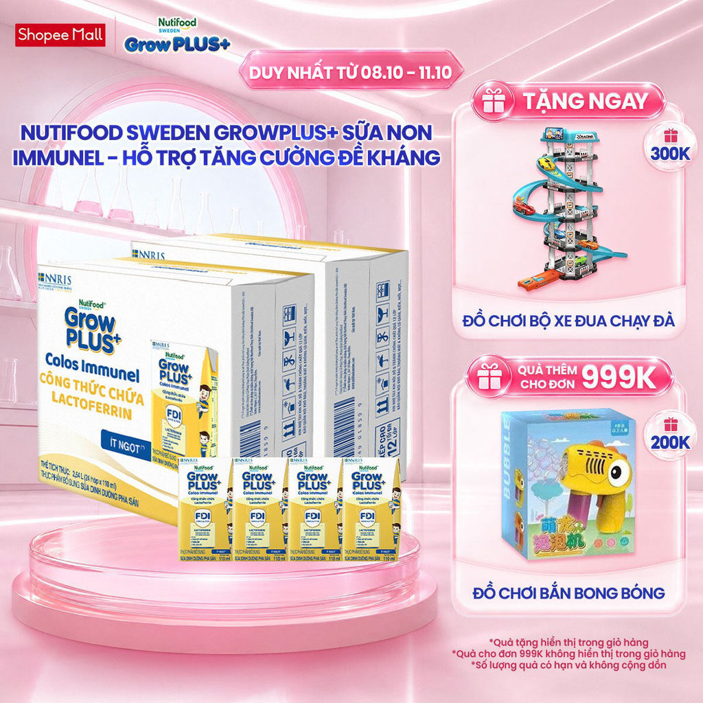 Combo 2 Thùng 24 hộp Sữa Bột Pha Sẵn Nutifood Sweden GrowPLUS+ Sữa Non Immunel hộp 110 ml (Bao bì tuỳ lô hàng)