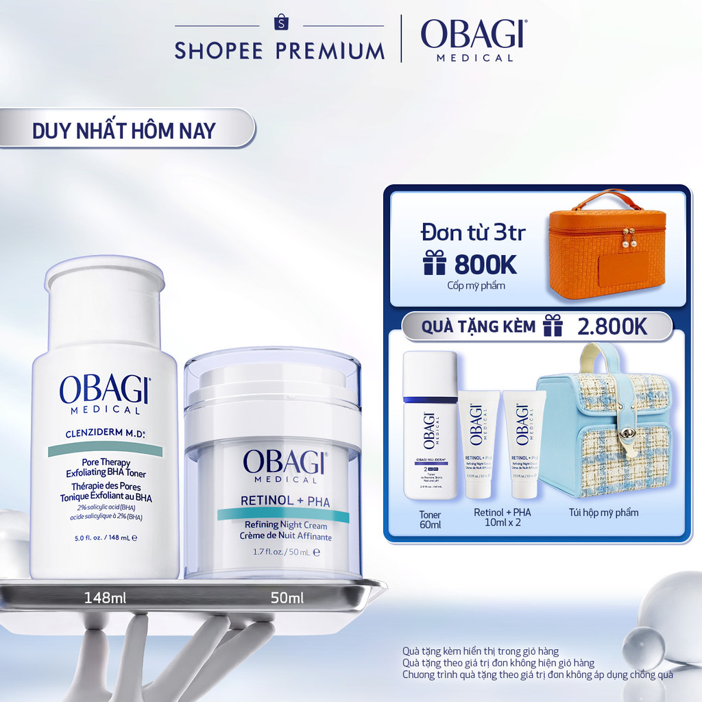[Voucher SVIP 18%] Bộ đôi Kem Dưỡng Đêm Obagi Retinol + PHA 50ml và Toner Obagi Clenziderm M.D. Exfoliating 2% BHA 148ml