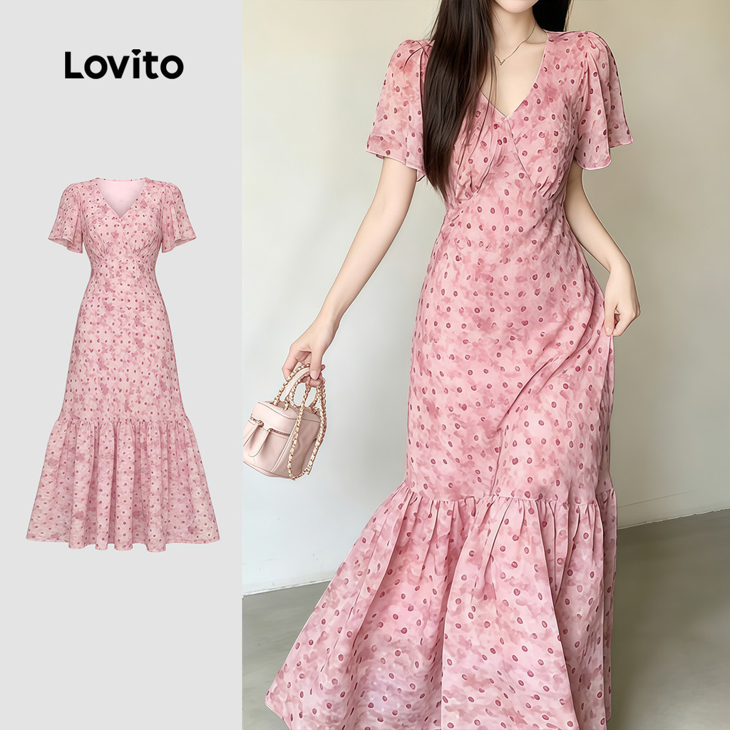 Lovito Đầm nữ xám hồng thời trang xuân hè lai bèo xếp nếp thanh lịch LK7ED198