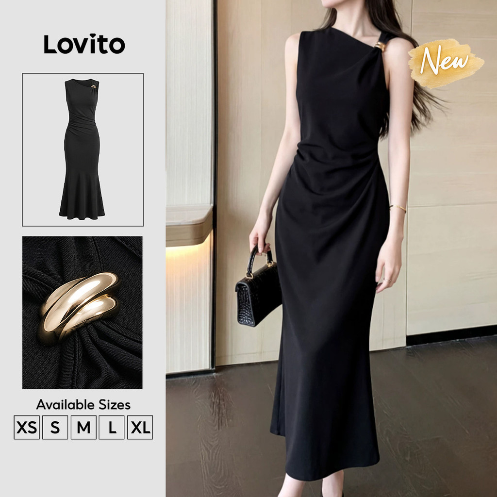 (New Arrival) Lovito Đầm nữ công sở màu đen dáng dài đuôi cá bất đối xứng bằng Kim loại Thanh lịch Cho mùa xuân hè DRB204P1D356