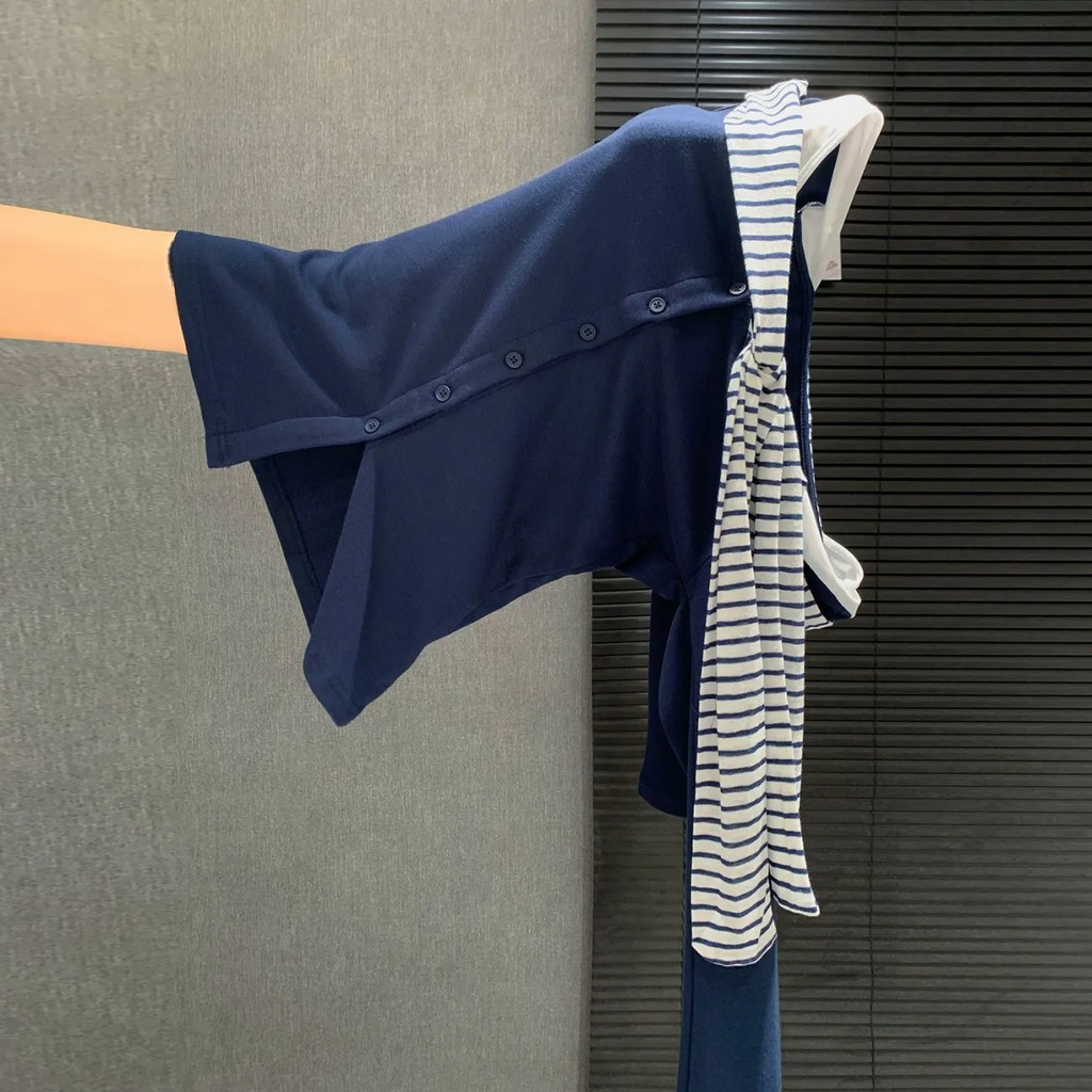 Milyfashion Preppy Phong Cách Hải Quân Cổ Sọc Ruy Băng Áo Thun Dài Tay Phong Cách Mới Đầu Thu Kỳ Nghỉ Hai Mảnh Quần Áo Nữ