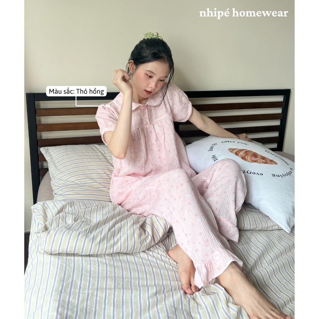 Set cổ sen tay ngắn quần dài nhipé homewear nữ mặc nhà họa tiết hoa dễ thương chât liệu xô muslin cao cấp mềm mịn mát