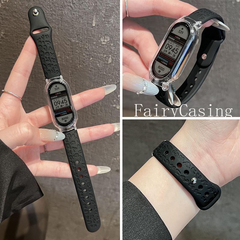 Ốp Lưng Trong Suốt + Dây In Da Báo Cho Xiaomi Mi Band 8 9 10 Vòng Tay Silicon Chống Thấm Nước Cho Mi Band 9 10Ceramic Phiên Bản Dây Đeo