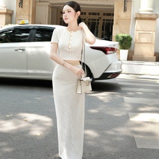 Set áo croptop viền nâu khuy vàng Khiết Style phối chân váy ren thun suông dài thanh lịch KS391