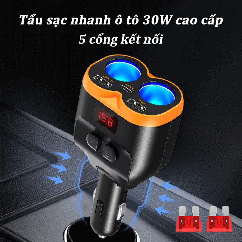 Tẩu sạc nhanh ô tô 30W cao cấp, 5 cổng kết nối, Màn Hình LCD Tự Động, tự động ngắt an toàn