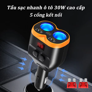 Tẩu sạc nhanh ô tô 30W cao cấp, 5 cổng kết nối, Màn Hình LCD Tự Động, tự động ngắt an toàn