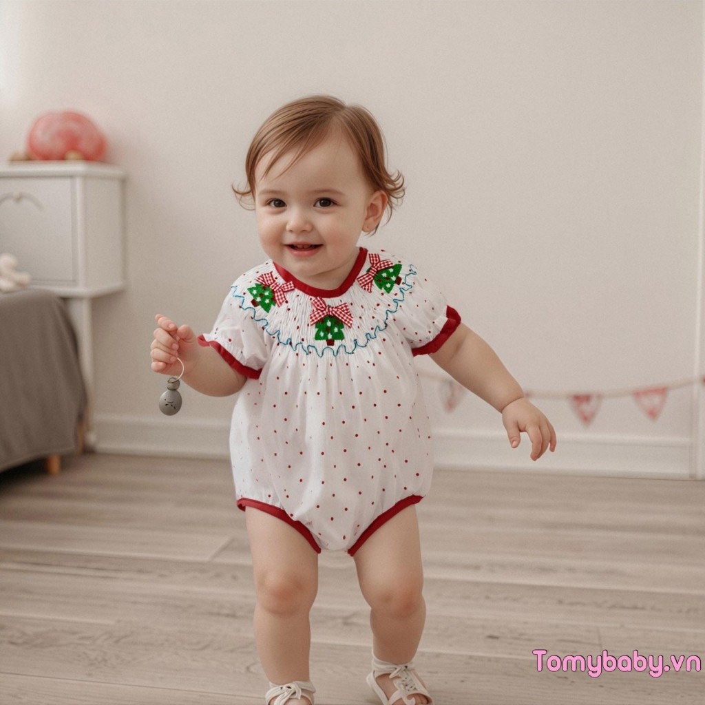 Bé Gái Mùa Hè Áo Liền Quần Chấm Cây Giáng Sinh Thêu Co Giãn Cổ Tròn Xù Tay Ngắn Jumpsuit