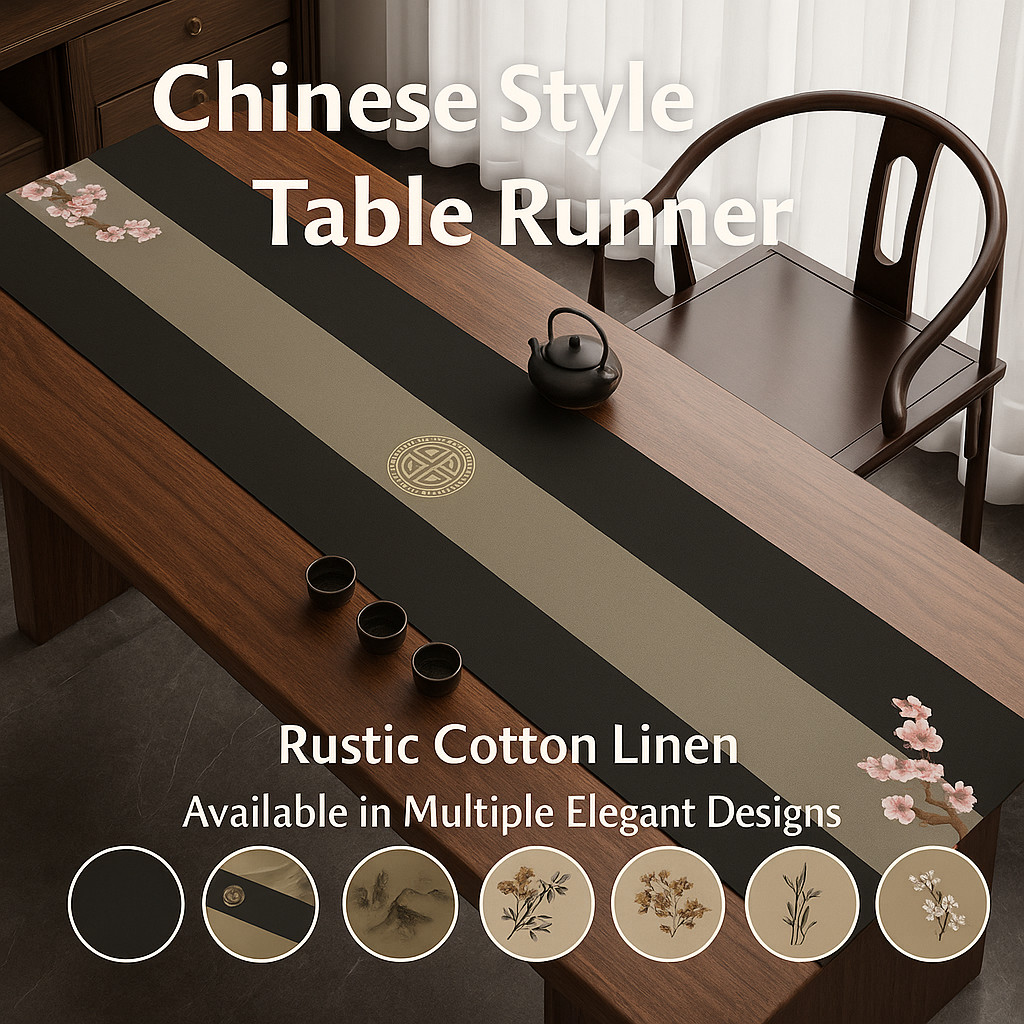 Khăn trải bàn dạng runner phong cách Trung Hoa Zen | Vải cotton-linen cao cấp | Trang trí bàn trà/bàn ăn tối giản