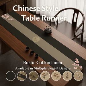 Khăn trải bàn dạng runner phong cách Trung Hoa Zen | Vải cotton-linen cao cấp | Trang trí bàn trà/bàn ăn tối giản