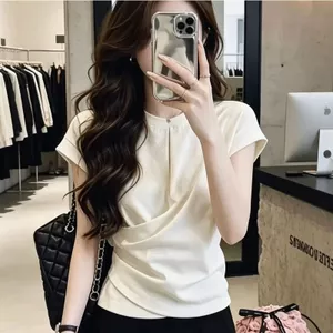 Áo thun ngắn tay ngắn tay cổ tròn sang trọng giảm tuổi tác xếp ly dành cho nữ mùa hè Phong cách mới Trang phục bầu không khí