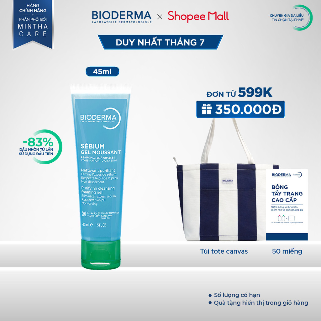 Gel rửa mặt tạo bọt, không chứa xà phòng Bioderma Sebium Gel Moussant - 45ml