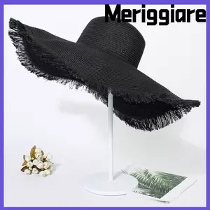 Mũ chống nắng mùa hè MERIGGIARE, Mũ rơm mềm có thể gập lại vành lớn, chống nắng dệt tay màu trơn Mũ đi biển du lịch