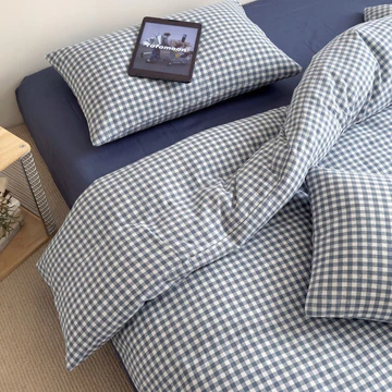 Bộ chăn ga gối bằng vải Cotton ca rô đã giặt Bộ chăn ga gối bằng vải Polyester đơn / Queen / King Size Flat / Trang bị Bộ chăn ga gối 4 In1