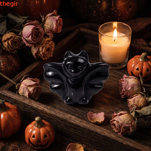 THEGIRL8B Bat Figurine, Trang trí dơi tự nhiên được chạm khắc, Máy tính để bàn điêu khắc Mini Obsidian Labradorite nhỏ dễ thương