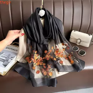 THEGIRL8B Khăn lụa sang trọng, Khăn choàng Hijab thêu hoa mỏng mềm mại dành cho nữ, Khăn quàng cổ lớn thanh lịch dành cho nữ