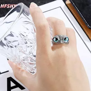 HFSHY Vintage Động Vật Mở Có Thể Điều Chỉnh Đôi Mắt Xanh Cú Nhẫn Nam Nữ Trang Sức Dự Tiệc Quà Tặng VN