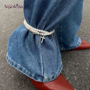 AqToCna Ngọc Trai Chữ Thập sel Đính Hạt Quần Mắt Cá Chân Dây Xích Nữ Chân Quần Jean Trang Sức Chân Trang Trí Quần Áo Phụ Kiện AqToCna