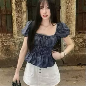 ÁO BABYDOLL CỔ VUÔNG SỌC CARO TRỄ VAI TAY PHỒNG SIÊU ĐÁNG YÊU B77B71 - - Hieuvy Botique