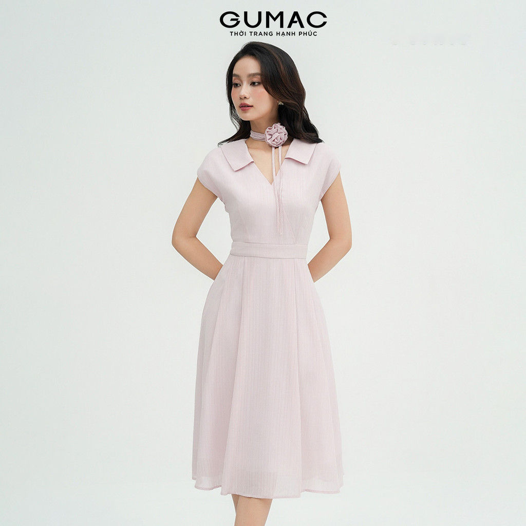 Đầm Nữ Dáng A Xòe GUMAC Đắp Chéo Kèm Dây Chất Voan Gân Thêu Rũ Nhẹ Nhàng DE05047