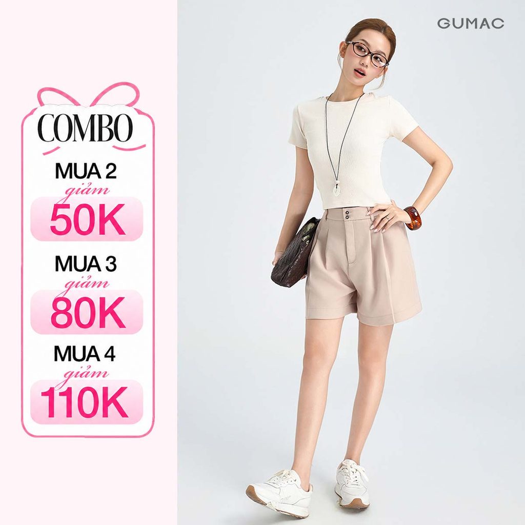 Quần Short Nữ GUMAC Form Suông Nút Đôi Phối Xếp Ly Chất Tuyết Mưa 1 Lớp Đứng Form Thoải Mái LSHG0408