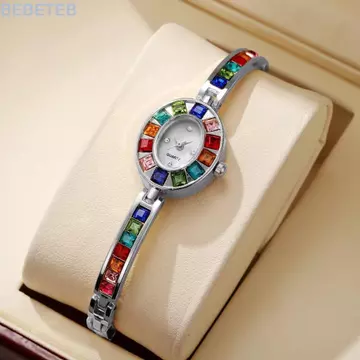Đồng hồ thạch anh nữ BEBETEB, Mặt số hình bầu dục Đồng hồ kim cương giả đầy màu sắc, Thời trang có hộp đồng hồ Đồng hồ nữ thanh lịch