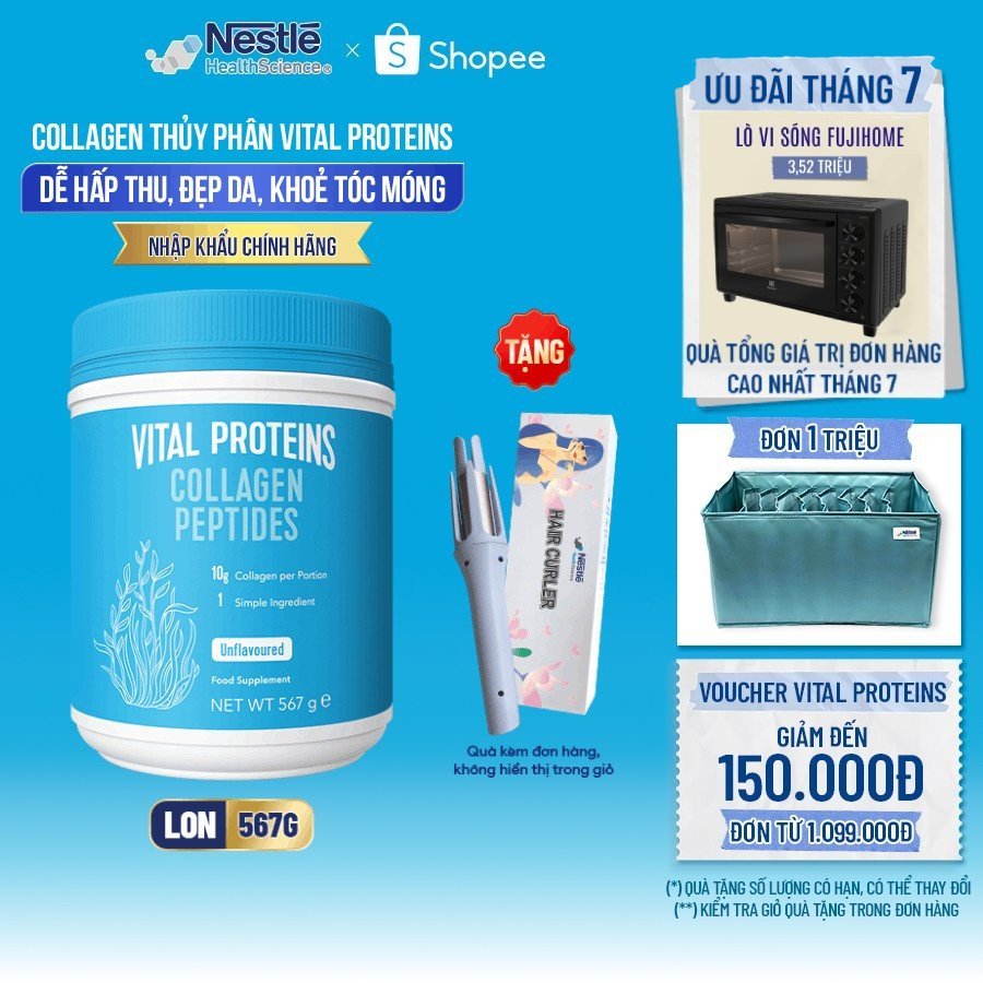[Tặng Máy Uốn Tóc] Collagen Thủy Phân Dạng Bột NESTLÉ VITAL PROTEINS Mỹ Hỗ Trợ Làm Đẹp Da,Móng,Tóc 567G