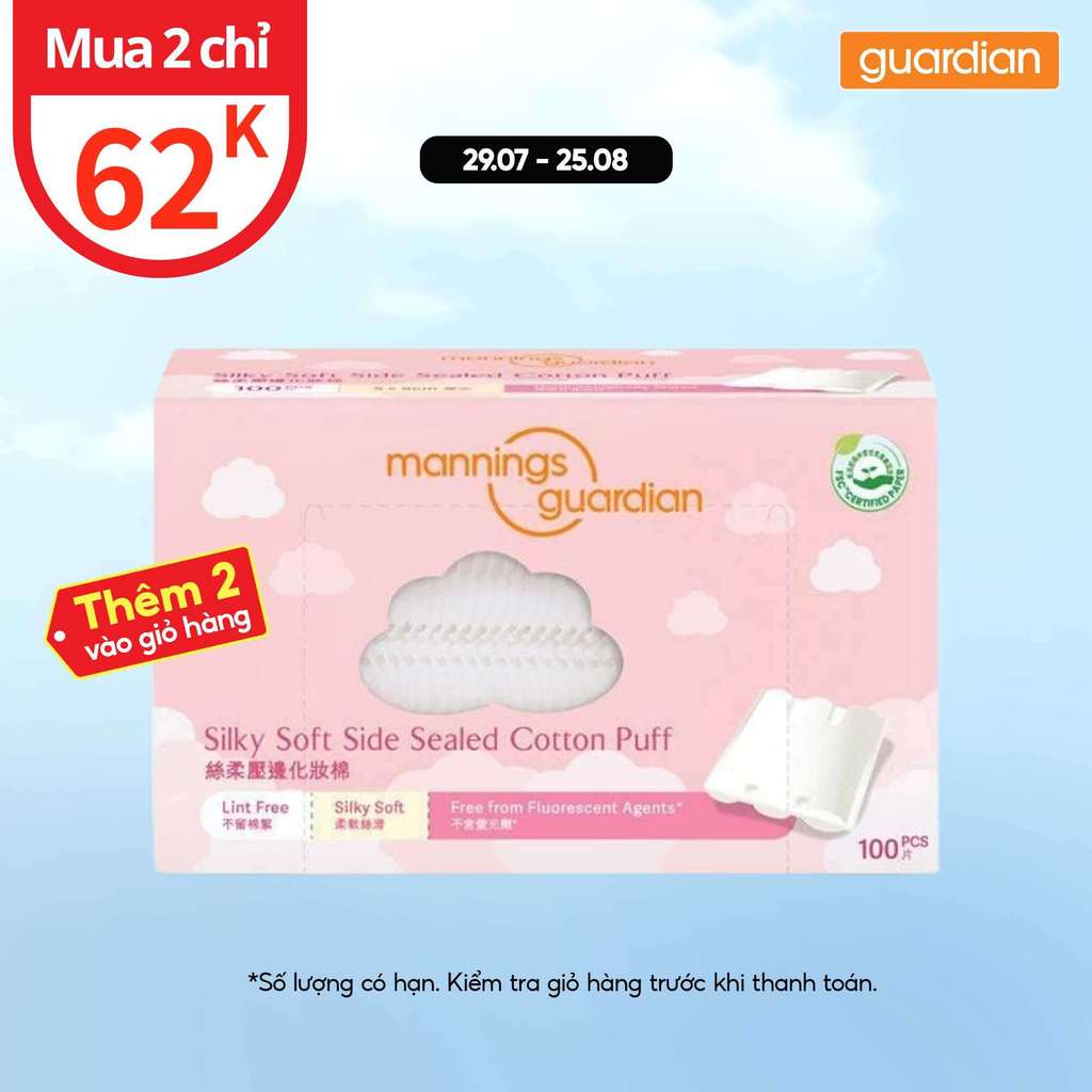 Bông Tẩy Trang Viền Ép Mềm Mại Mannings Guardian Silky Soft Side Sealed Cotton Puff 100 Miếng