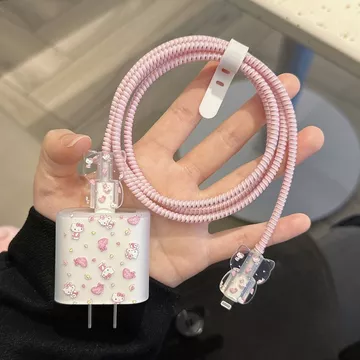 Thích hợp cho Vỏ bảo vệ sạc Apple 20w Cáp dữ liệu iphone17promax 20w Sạc nhanh 16 Cáp 14pro Đầu sạc Cáp sạc iPad 15 Chống vỡ Phim hoạt hình vui nhộn Mèo tình yêu màu hồng dễ thương