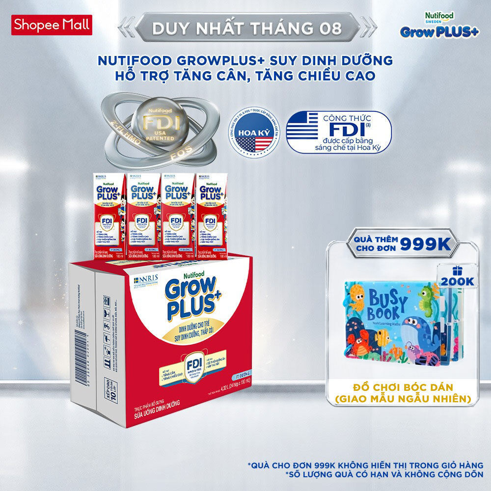 Thùng 24 hộp SBPS Nutifood GrowPLUS+ Suy Dinh Dưỡng (Đỏ) Ít đường 180ml - Tăng Cân, Tăng Chiều Cao (Bao bì tùy lô hàng)