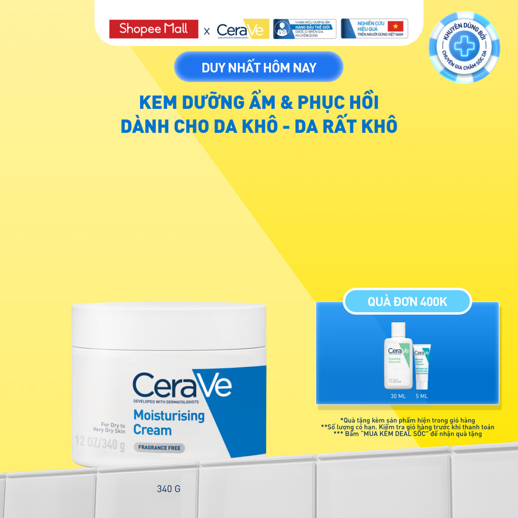 Kem dưỡng ẩm phục hồi sâu và ẩm mịn suốt 48H dành cho da khô, duy trì hàng rào bảo vệ da CERAVE MOISTURISING CREAM 340G