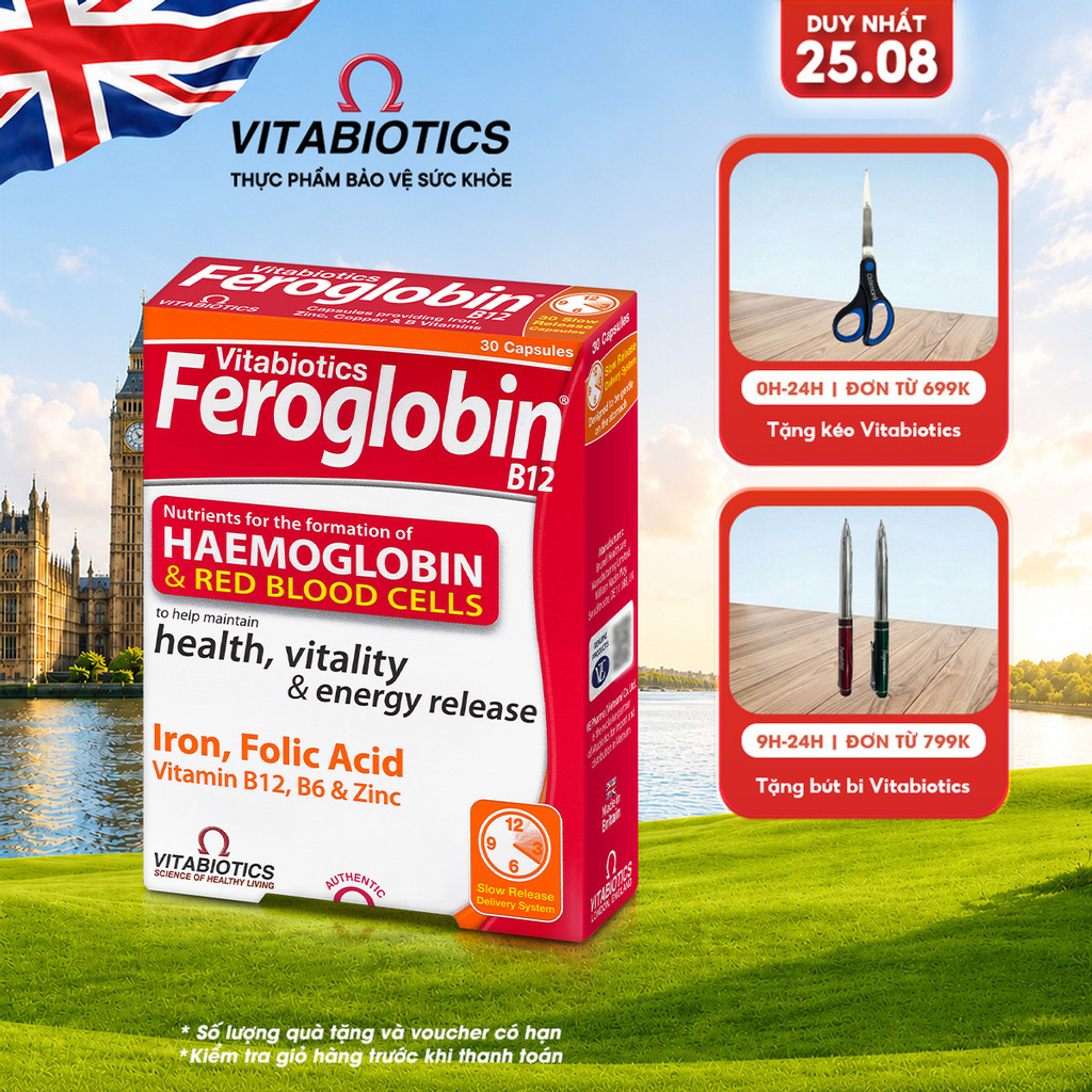 TPBVSK Vitabiotics FEROGLOBIN B12 Capsules Bổ Sung Sắt, Kẽm, Axit Folic, B6 Hỗ Trợ Tăng Khả Năng Tạo Máu, 30 Viên