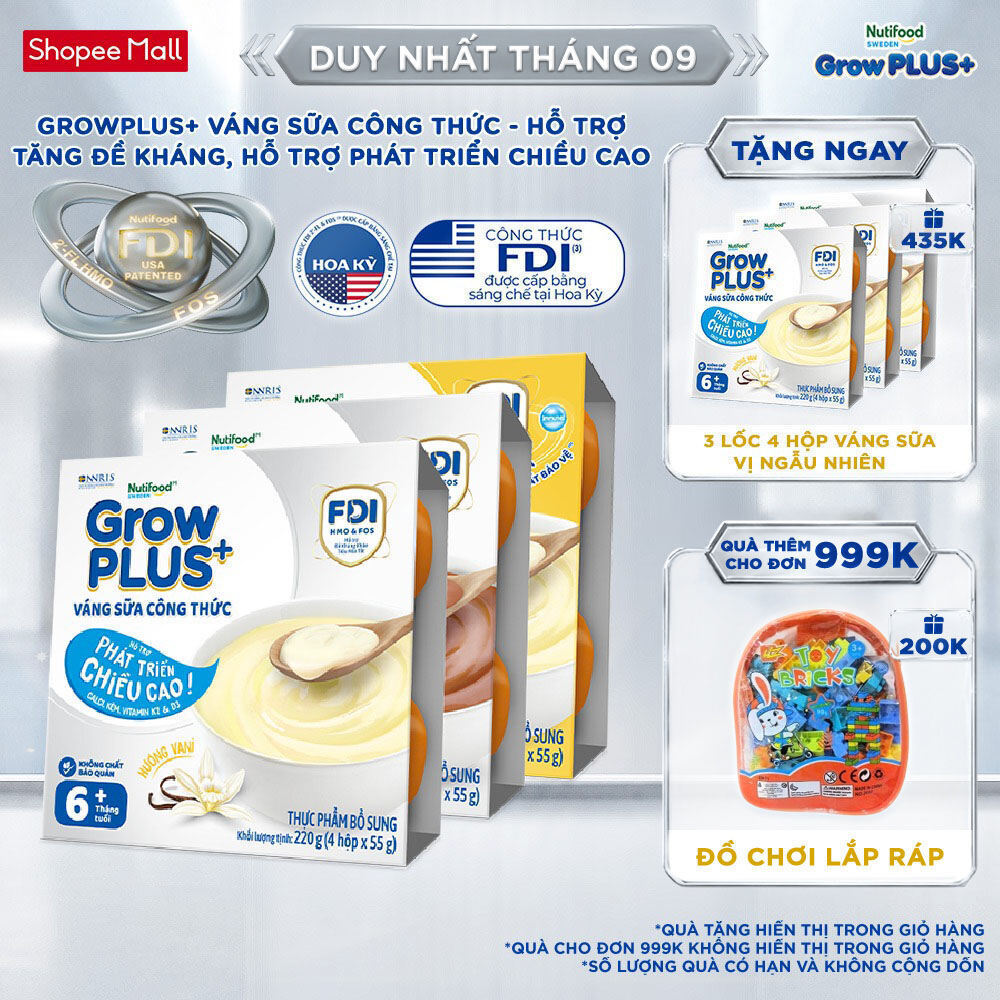 Combo mix 3 lốc GrowPLUS+ Váng sữa Sữa non Immunel Hỗ trợ tăng đề kháng& Cao lớn vượt trội (55g x12 hộp)