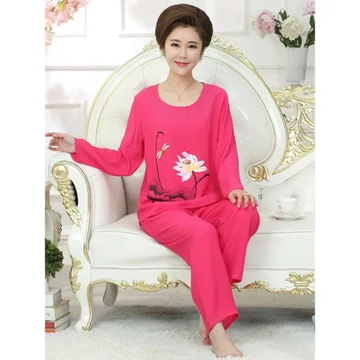 set đồ ngủ dài bộ đồ ngủ nữ dài tay Bộ đồ ngủ cotton lanh cho nữ bộ đồ ngủ cho mẹ mẫu xuân thu dài tay vải lanh rộng rãi size lớn đồ mặc nhà cho nữ dài tay