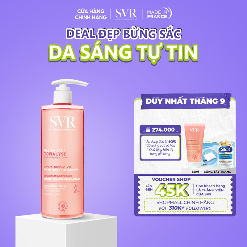 Gel rửa mặt không xà phòng cho da khô, nhạy cảm SVR Topialyse Gel Lavant 400ml