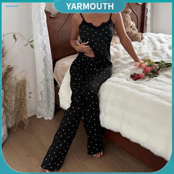 YYR _ Bộ đồ ngủ bằng vải Polyester dành cho nữ Bộ đồ ngủ có gân mềm Bộ đồ ngủ ren chấm bi dành cho nữ – Quần yếm cổ chữ V Quần thoáng khí mềm mại Đồ ngủ cho nữ Thoải mái khi nóng bỏng