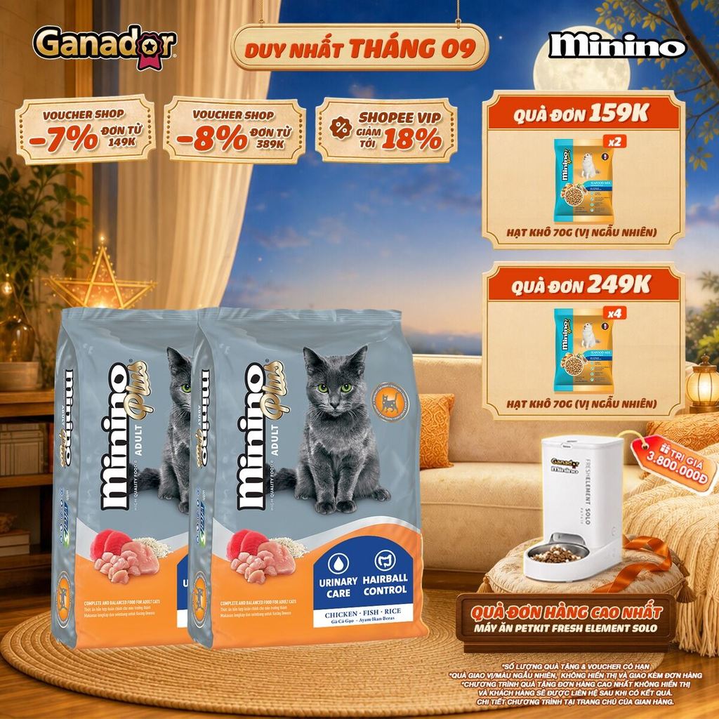 Combo 2 x Thức ăn hạt Minino Plus cho mèo vị Gà, Cá, Gạo 1.5kg