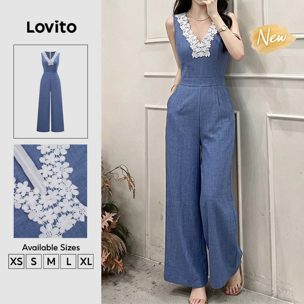 (New Arrival) Lovito Bộ liền thân nữ mùa xuân/hè ren xếp nếp màu xanh JRK9P1D815