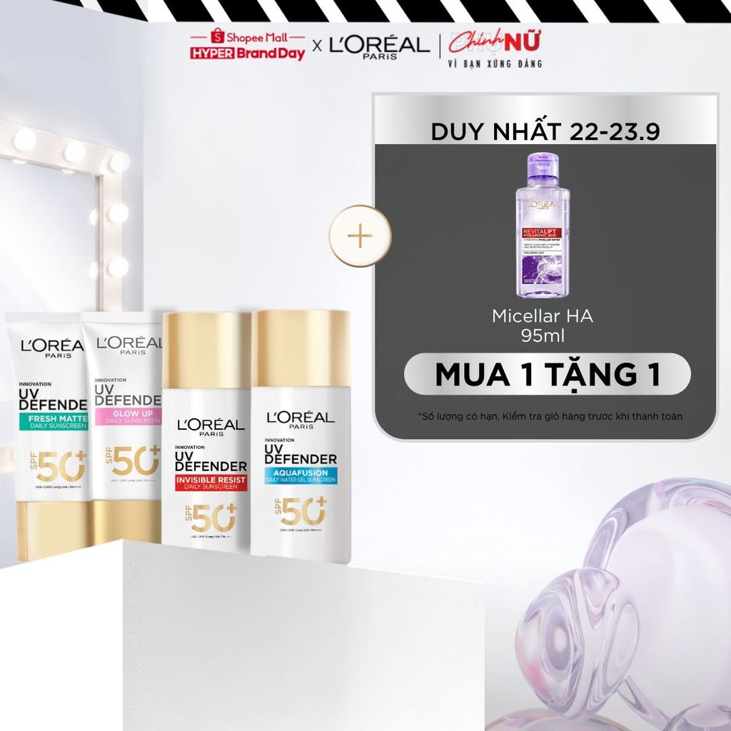 [CHỐNG NẮNG WATERGEL MỚI] Chống Nắng Phổ Rộng Thoáng Da, Kháng Mọi Tác Động UV Defender SPF 50+ PA++++ Loreal Paris 50ml