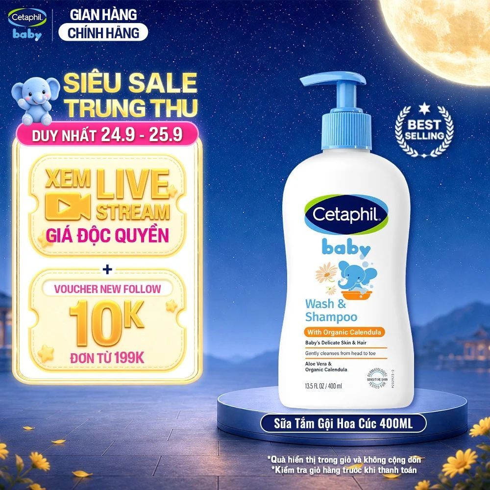 Sữa tắm gội dưỡng ẩm dịu lành cho bé với Calendula hoa cúc hữu cơ CETAPHIL BABY W&SHAMPOO CALENDULA 400ML