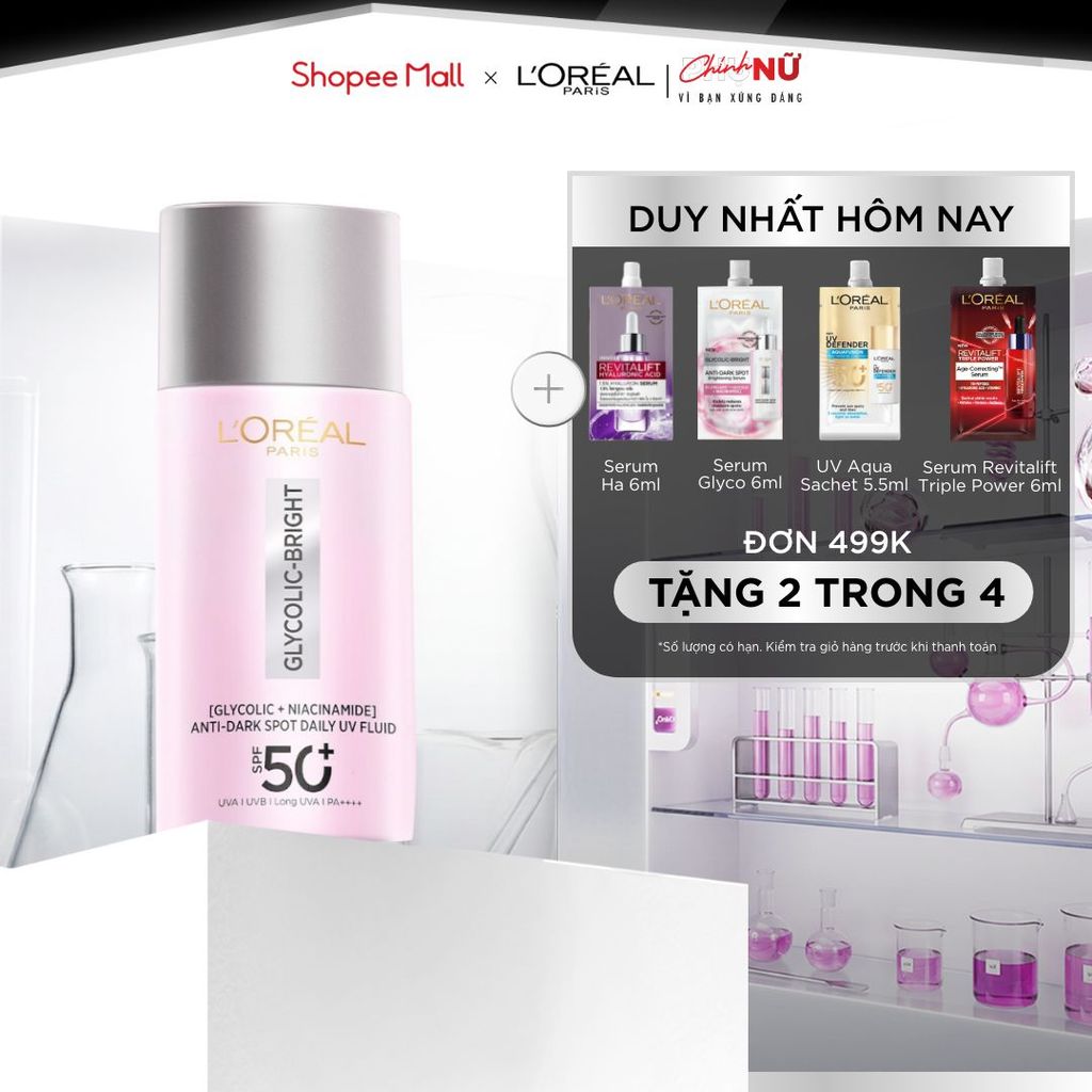 Sữa chống nắng phổ rộng mỏng nhẹ bảo vệ da và dưỡng sáng mờ thâm nám Glycolic Bright Anti-Dark Spot L’Oréal Paris 50ml