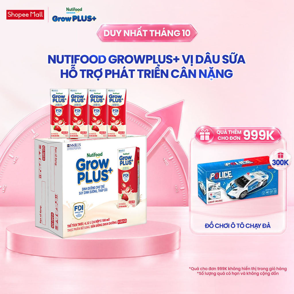 Thùng 24 hộp Sữa bột pha sẵn Nutifood GrowPLUS+ Vị Dâu Sữa hộp 180ml - Trên 1 tuổi (24 hộp x 180ml)