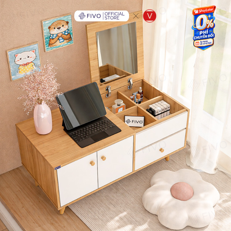 Bàn Trang Điểm Ngồi Bệt Kèm Gương Đa Năng FV02 FIVO, Làm Bàn Học Tủ Đầu Giường, Hộc Kéo Rộng Rãi, Thiết Kế Không Lộ Vít