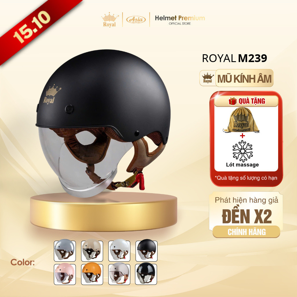Mũ Bảo Hiểm Nửa Đầu Royal M239 Kính Âm, Nón Bảo Hiểm 1/2 Kính Màu Trà Chống Nắng Lót Êm Tháo Lắp Vệ Sinh Dễ