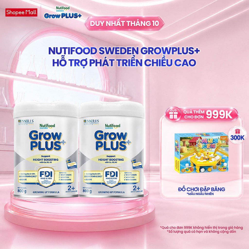 Combo 2 Sữa Bột Nutifood Sweden GrowPLUS+ Cao lớn vượt trội trên 2 tuổi (Bạc) 800g