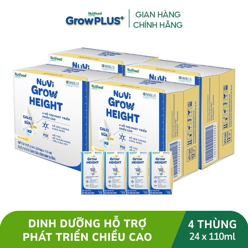 Combo 4 Thùng 24 hộp SBPS Nuvi Grow Height vị chuối 1+ hỗ trợ phát triển chiều cao hộp 110ml