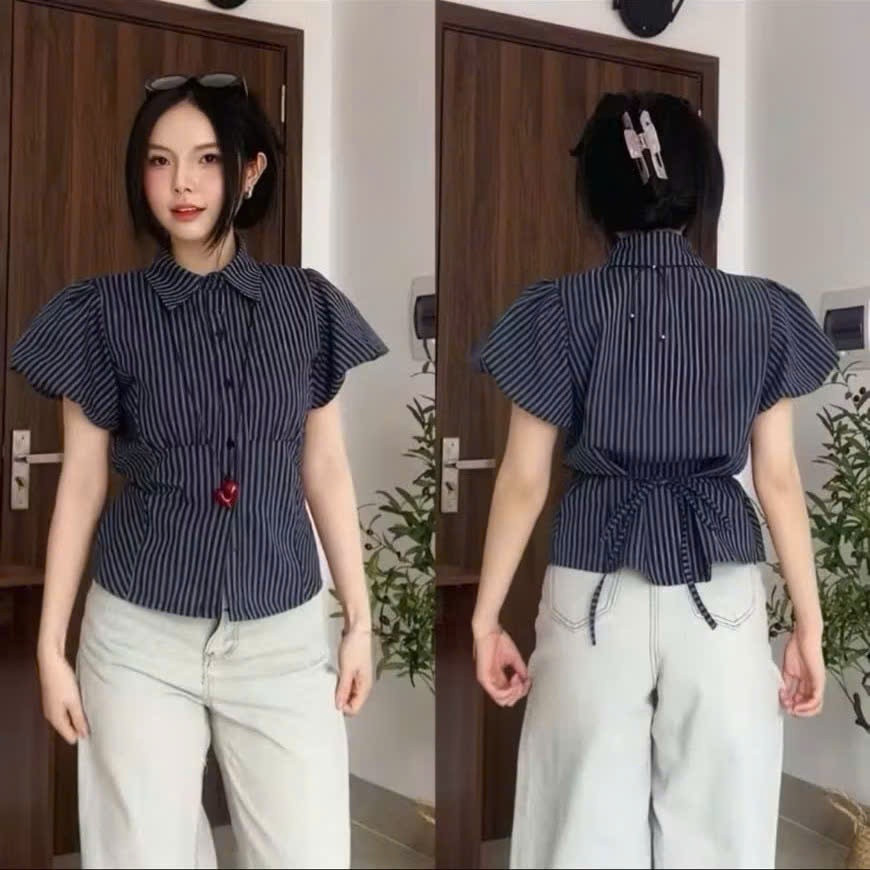 Áo Sơ Mi Nữ Tay Ngắn Bồng Cổ Đức Gấp Thắt Eo Dáng Lửng Chất Mềm Mát  - Ceci.studio - A547