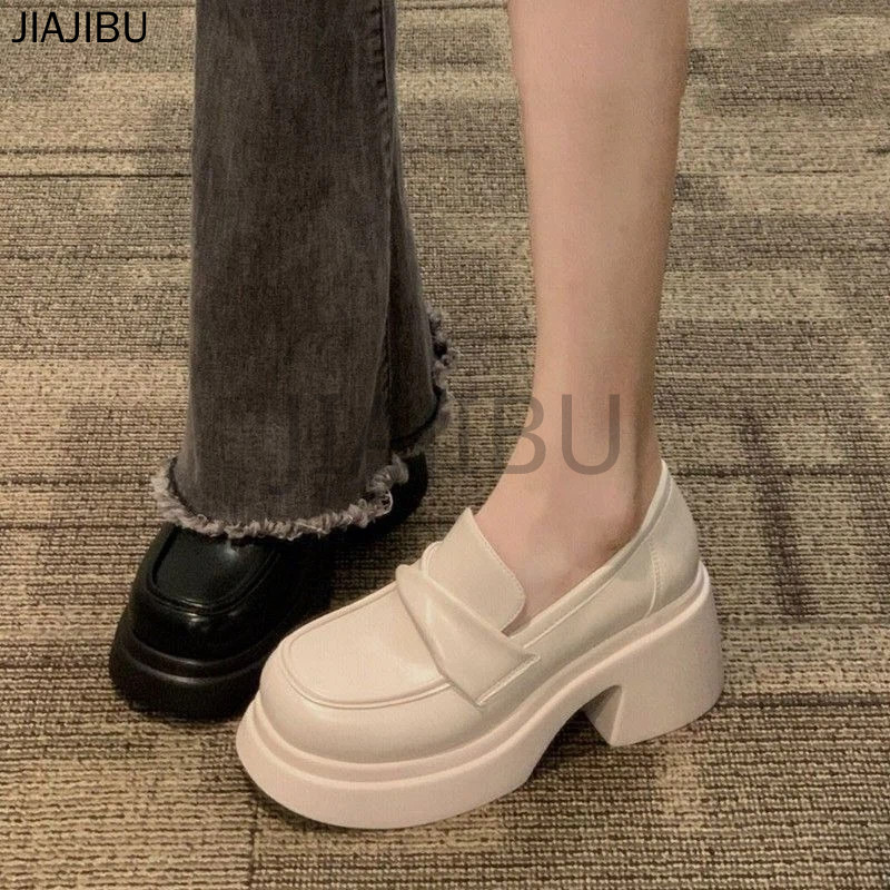 Size 35-43 Giày Lười Mũi Tròn Chống Trượt Chất Lượng Cao Cỡ Lớn Phong Cách Anh Dành Cho Nữ 42 Korean Fashion Beige / Black Platform Mary Jane Small Leather Shoes 41 Giày Cao Gót Dày JK Lolita Nhật Bản Đi Học